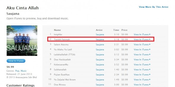 Print Screen di iTunes, Album Saujana - Aku Cinta Allah.